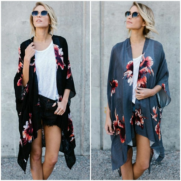 Floral Print Kimono Shawl-Cream - Picture 6 of 7